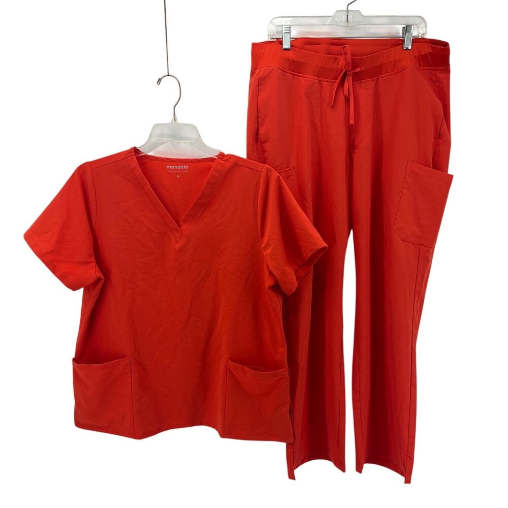 Mandala Scrubs Set Orange XL V neck Top & XL Petite Straight Leg Bottom Nursing